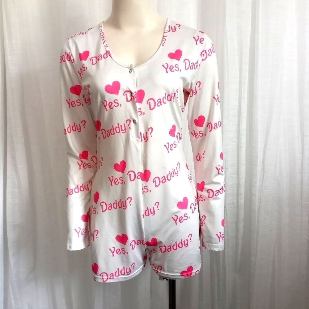 Yes Daddy Sexy Romper Hearts SZ M Pink Red Slinky Lingerie Cosplay Loungewear